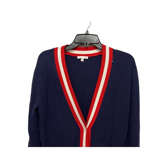 Minnie Rose Cotton Cashmere Cardigan with Front Pockets Blue Ribbed Red White - Picture 2 of 7